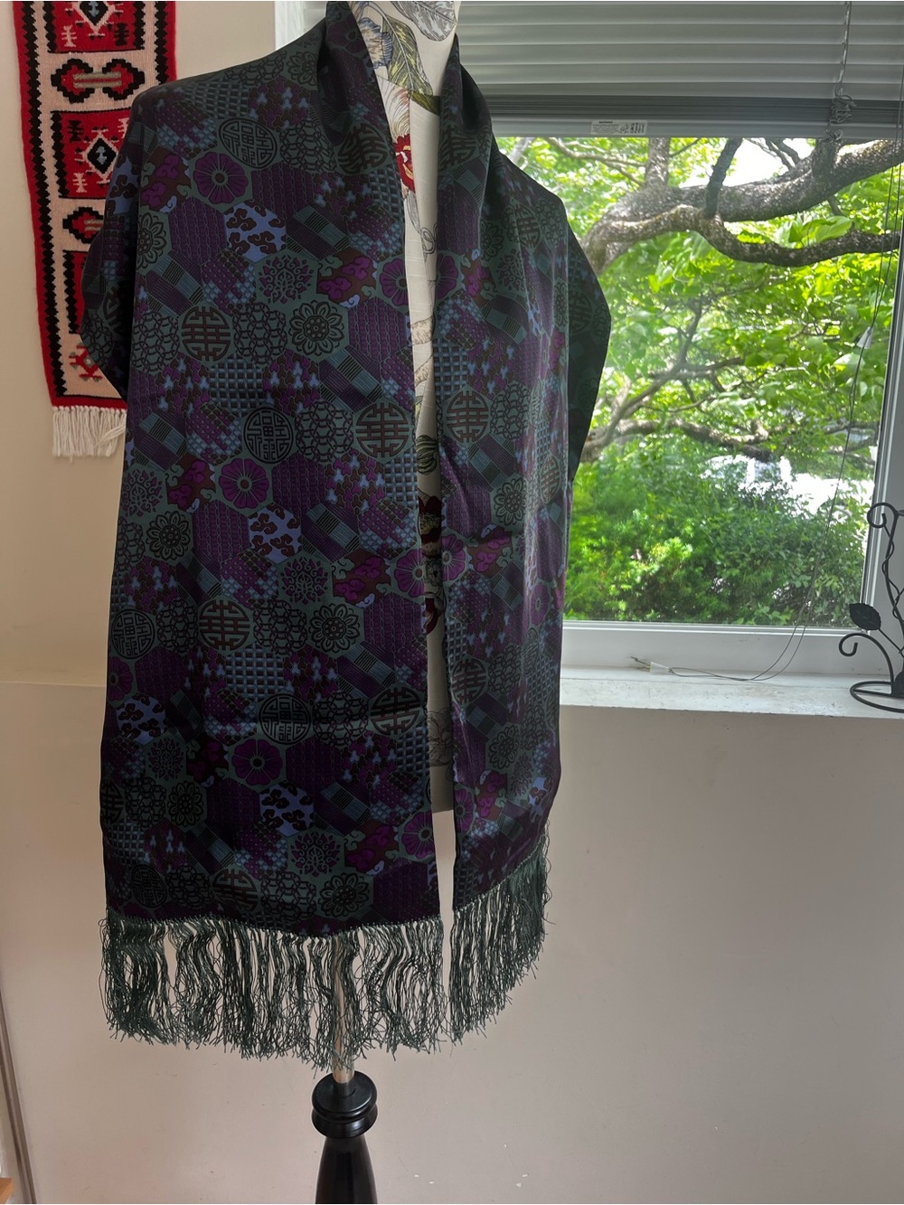 Shanghai Tang Purple and Teal Floral Patterned Silk Wrap Scarf